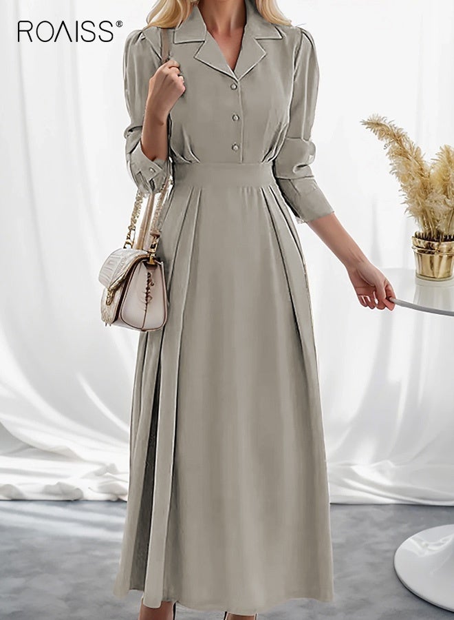 رويس فستان قميص نسائي سادة، فستان أنيق وأنيق للسيدات، فستان بأكمام منفوشة وأزرار مع طية صدر وخصرة ضيقة، مناسب للارتداء اليومي أو أي مناسبة - Image 1
