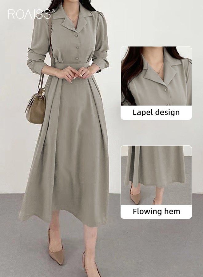 رويس فستان قميص نسائي سادة، فستان أنيق وأنيق للسيدات، فستان بأكمام منفوشة وأزرار مع طية صدر وخصرة ضيقة، مناسب للارتداء اليومي أو أي مناسبة - Image 5