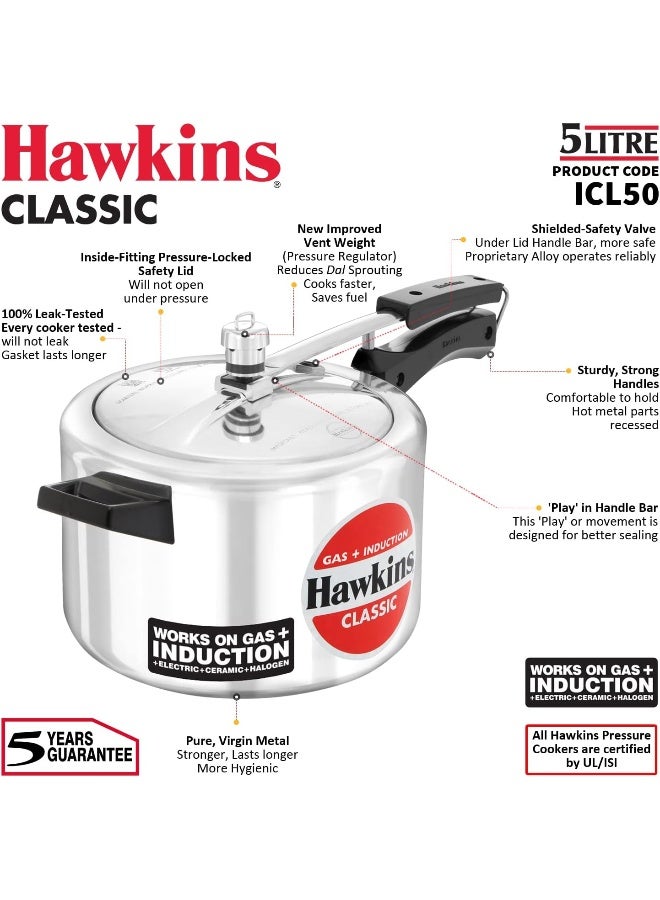 Hawkins 5 Liters Classic Aluminium Pressure Cooker,Induction Compatible,Silver - Image 3