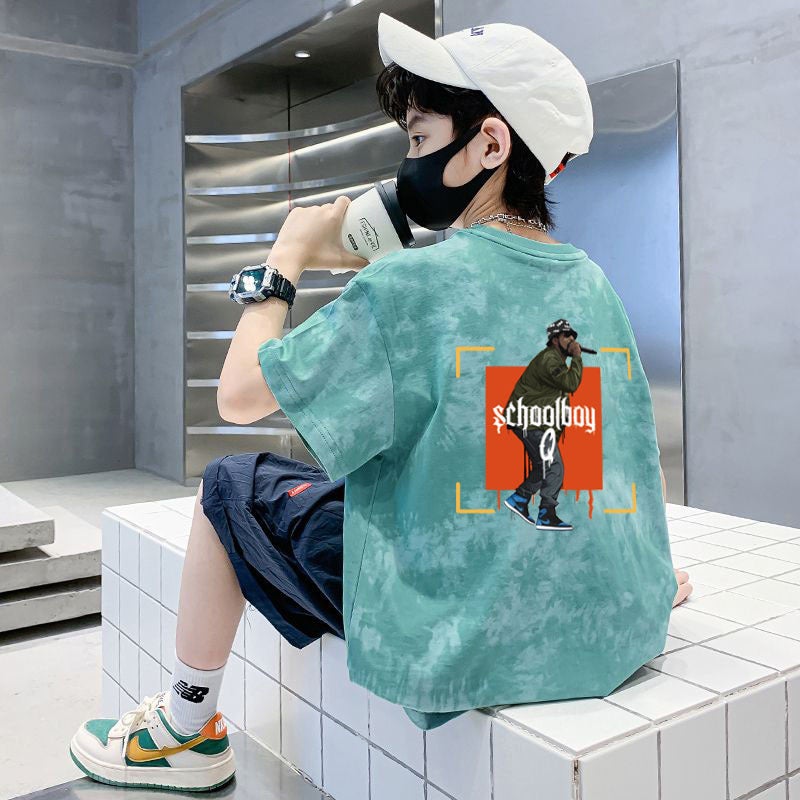 Boys' Cotton Short-sleeved T-shirt 2025 New Loose Tie-dyed Casual Korean T-shirt Trendy T-shirt - Image 1