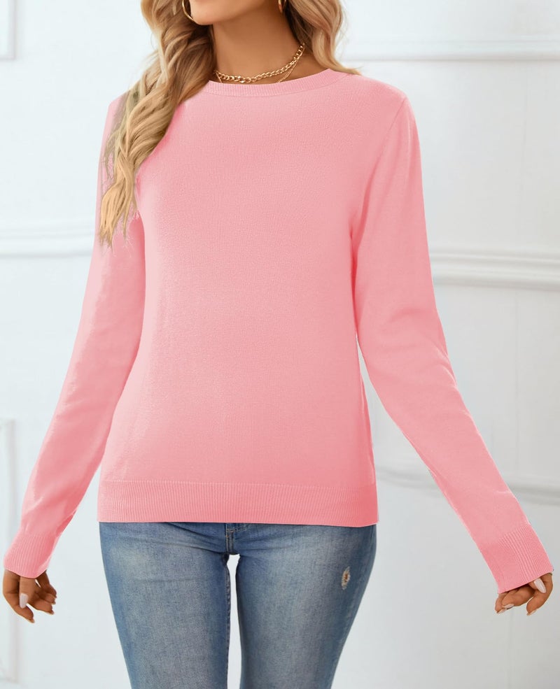 QUALFORT Women's 100% Cotton Sweater Crewneck Long Sleeve Knitted Sweaters Pink Medium - Image 5