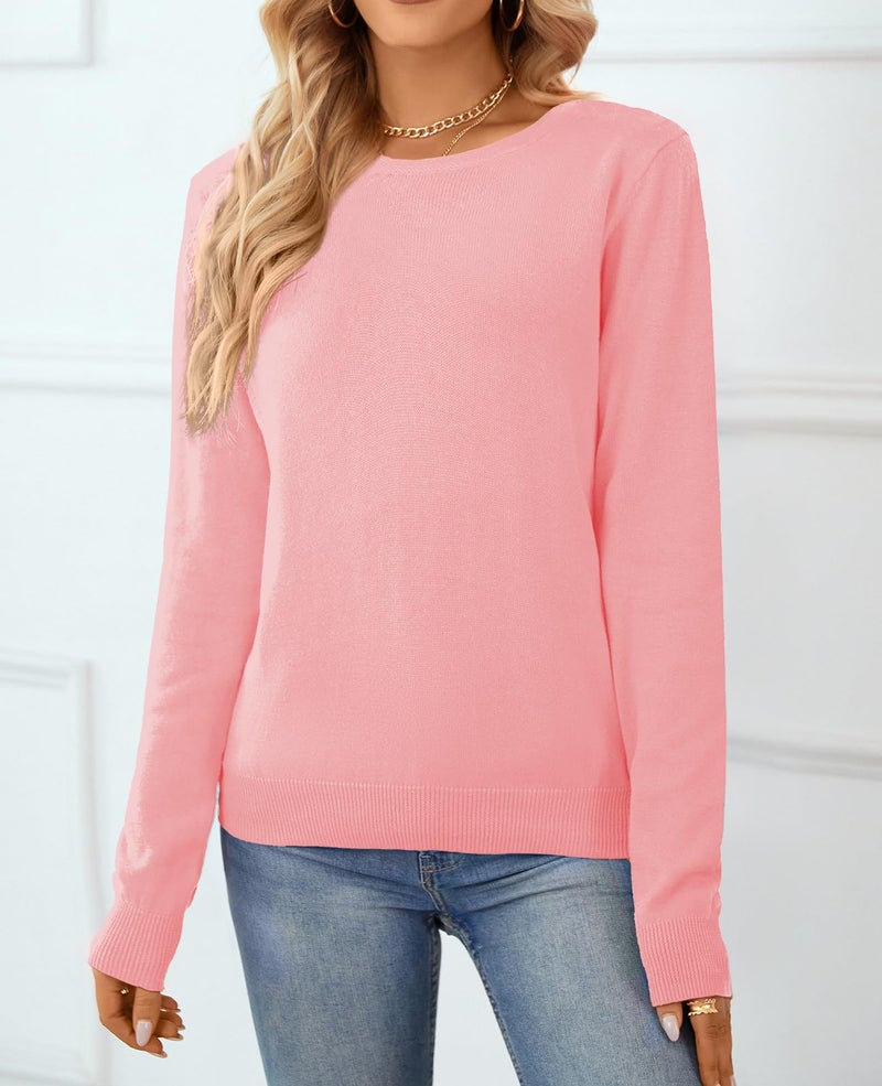 QUALFORT Women's 100% Cotton Sweater Crewneck Long Sleeve Knitted Sweaters Pink Medium - Image 3