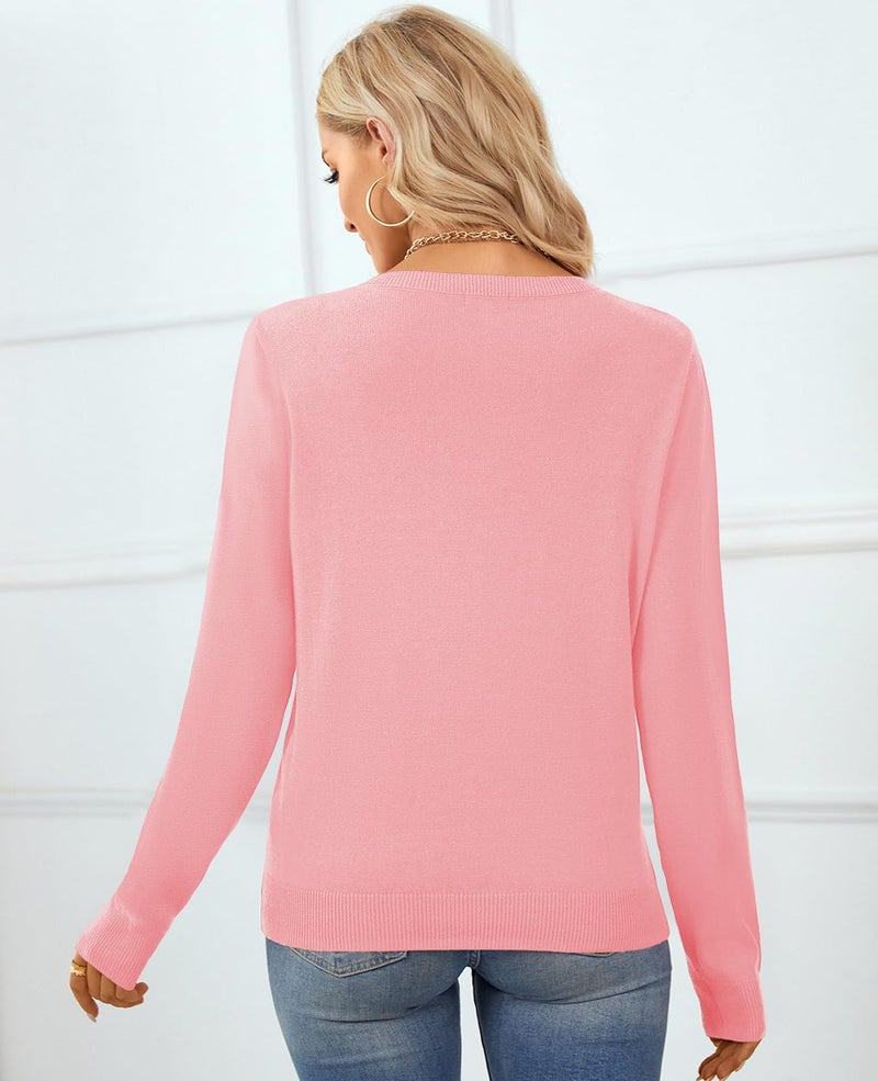 QUALFORT Women's 100% Cotton Sweater Crewneck Long Sleeve Knitted Sweaters Pink Medium - Image 4