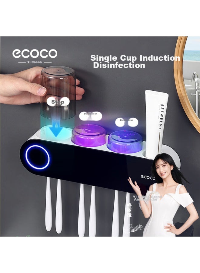 Ecoco Toothbrush Sterilizer, Smart Disinfecting Toothbrush Holder, Disinfection Chamber, No Drilling Required, With Toothpaste Squeezer, E2110 Black