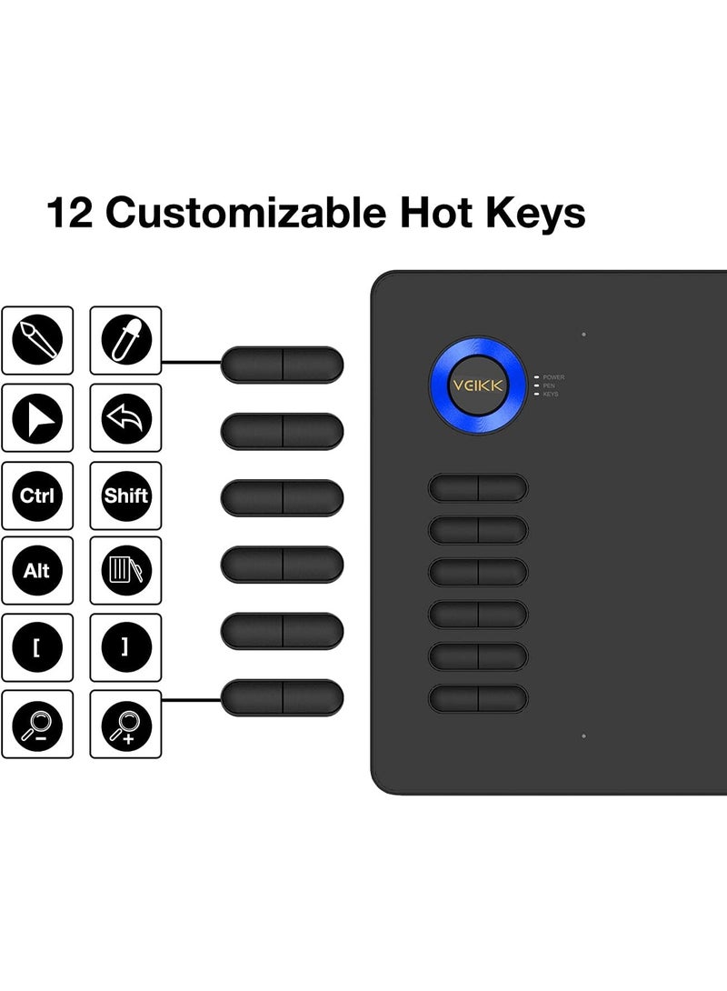 VEIKK A15 10x6 inch Digital Graphics Drawing Tablet Drawing Pen Tablet with Battery-Free Passive Stylus and 12 Shortcut Keys，20 Nibs and 1 Artist Glove (8192 Levels Pressure) (Blue) - Image 2