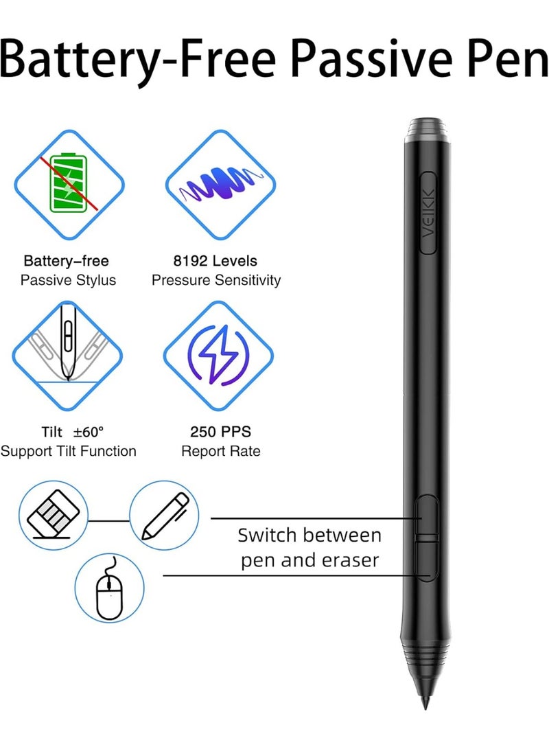 VEIKK A15 10x6 inch Digital Graphics Drawing Tablet Drawing Pen Tablet with Battery-Free Passive Stylus and 12 Shortcut Keys，20 Nibs and 1 Artist Glove (8192 Levels Pressure) (Blue) - Image 3