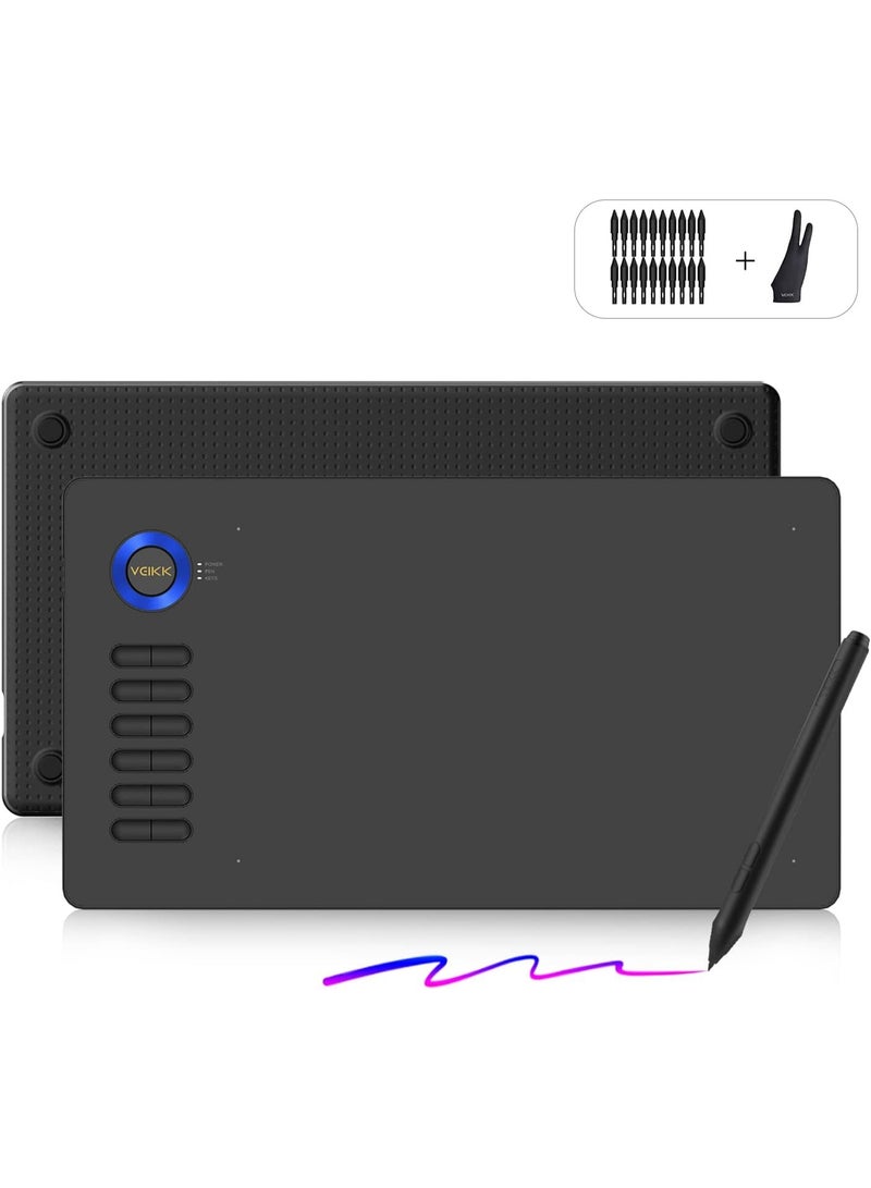 VEIKK A15 10x6 inch Digital Graphics Drawing Tablet Drawing Pen Tablet with Battery-Free Passive Stylus and 12 Shortcut Keys，20 Nibs and 1 Artist Glove (8192 Levels Pressure) (Blue) - Image 1