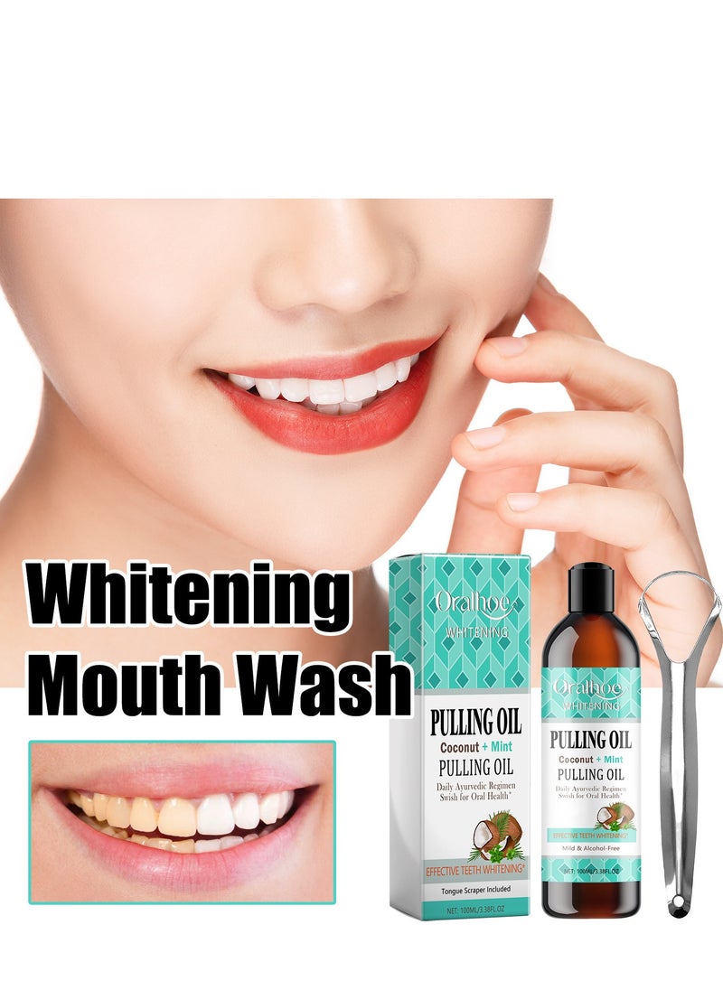 ORALHOE - Pulling Oil With Coconut & Peppermint, Oil-Mouthwash for Oral Care-Teeth Whitening and Fresh Breath, Organic Essential Oils Mouthwash With Tongue Scraper Alcohol-Free, Treatment for Gum 100ml - Image 1