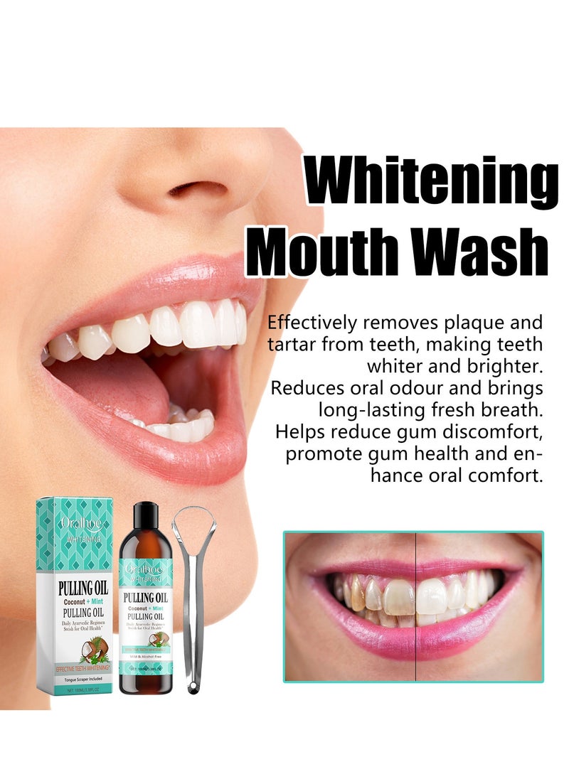 ORALHOE - Pulling Oil With Coconut & Peppermint, Oil-Mouthwash for Oral Care-Teeth Whitening and Fresh Breath, Organic Essential Oils Mouthwash With Tongue Scraper Alcohol-Free, Treatment for Gum 100ml - Image 1