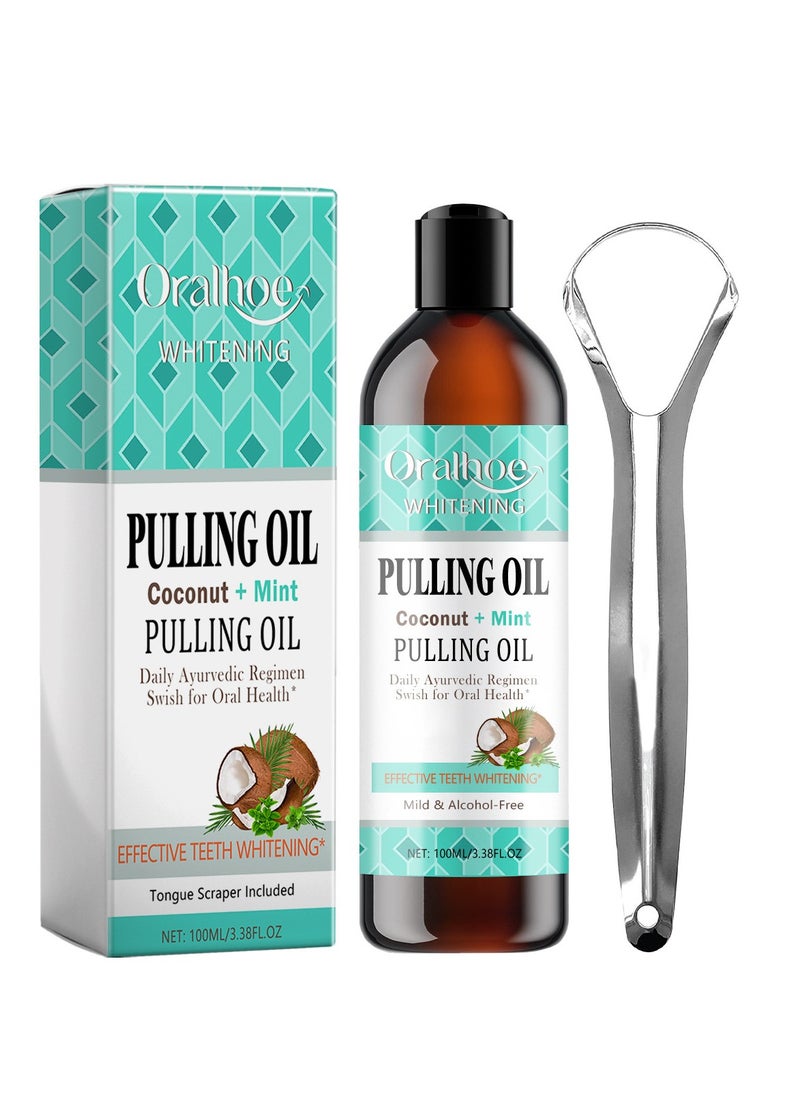 ORALHOE - Pulling Oil With Coconut & Peppermint, Oil-Mouthwash for Oral Care-Teeth Whitening and Fresh Breath, Organic Essential Oils Mouthwash With Tongue Scraper Alcohol-Free, Treatment for Gum 100ml - Image 1