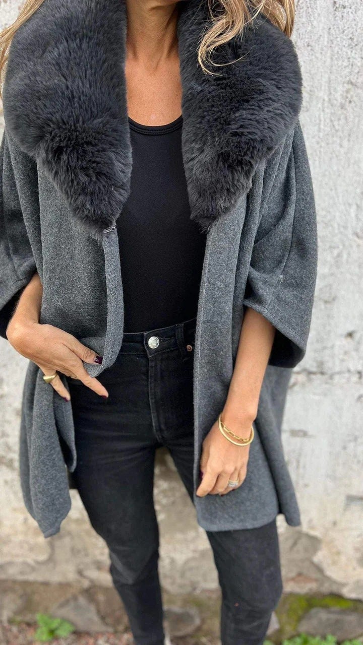 Amazon European and American Cross-Border New Womens Autumn and Winter Loose Long-Sleeved Large Lapel Fur Collar Cape Outwear Jacket Dark gray 
