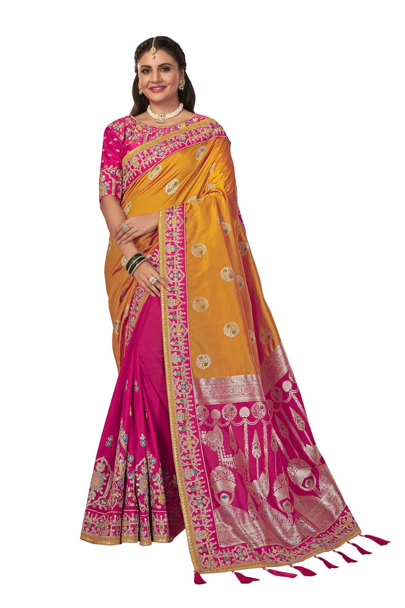 MANOHARI Banarasi Silk Woven Saree With Heavy Embroidery Blouse Piece_Mn1877 - Women, Yellow - Image 1