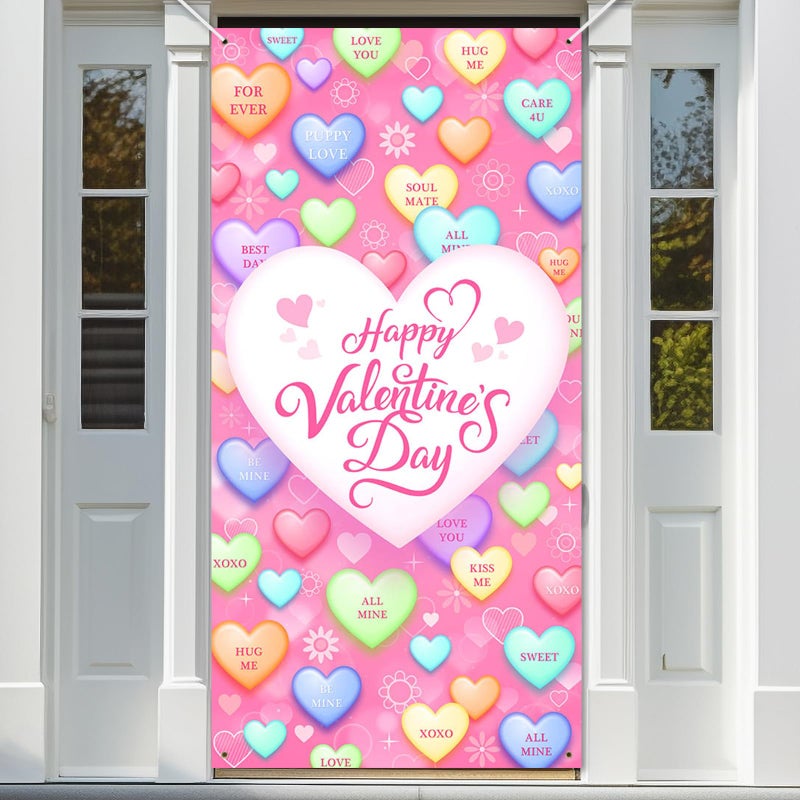Avezano Happy Valentine's Day Door Cover Valentines Day Door Decorations Pink Conversation Heart Valentines Banner Valentine's Day Party Supplies - Image 1