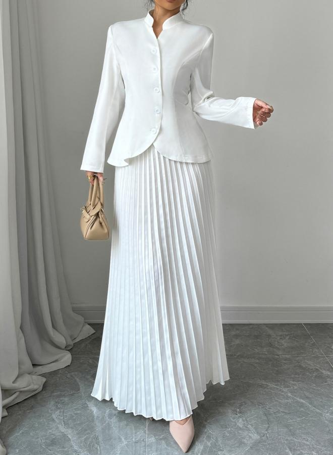 Take Two Stand Collar Button Front Blazer and Pleated Skirt Co-Ords - Image 4