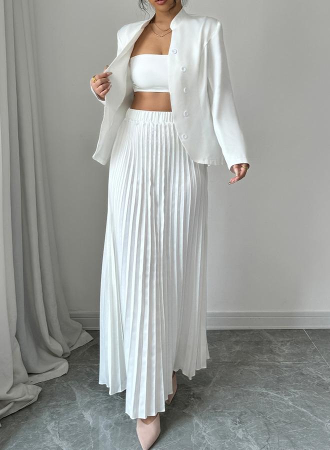 Take Two Stand Collar Button Front Blazer and Pleated Skirt Co-Ords - Image 3