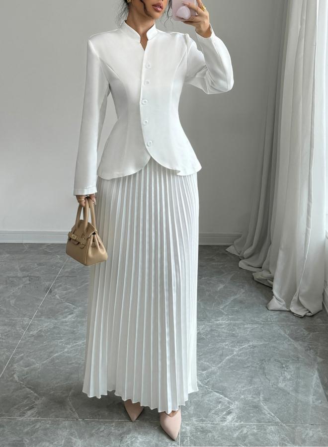 Take Two Stand Collar Button Front Blazer and Pleated Skirt Co-Ords - Image 1