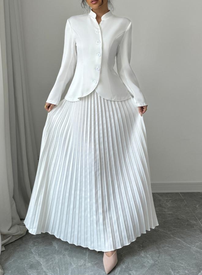 Take Two Stand Collar Button Front Blazer and Pleated Skirt Co-Ords - Image 5