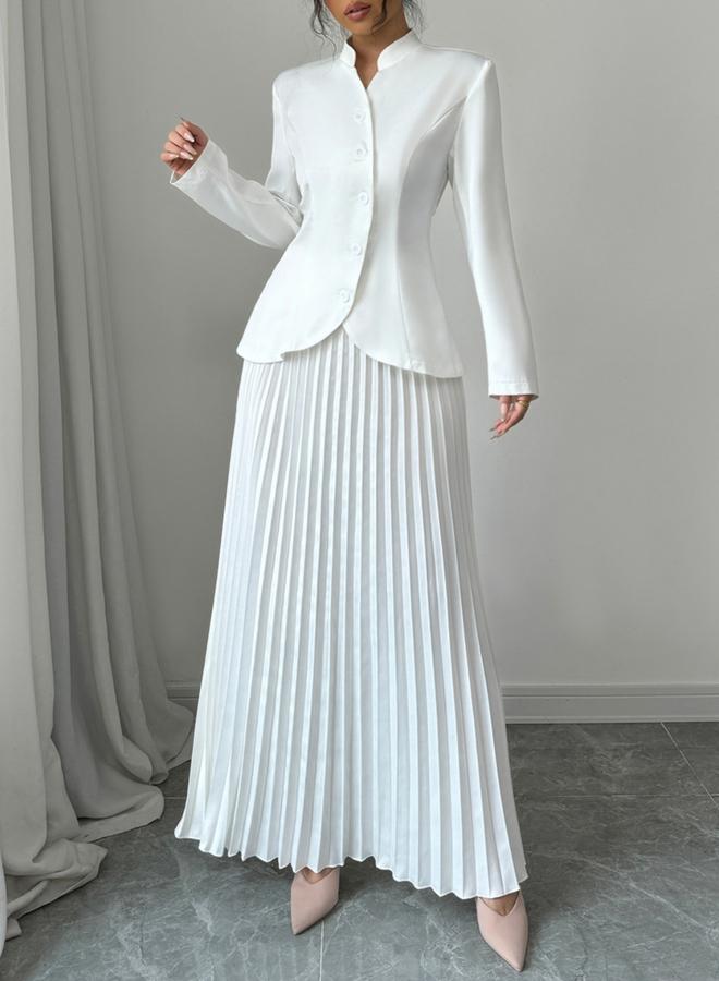 Take Two Stand Collar Button Front Blazer and Pleated Skirt Co-Ords - Image 2