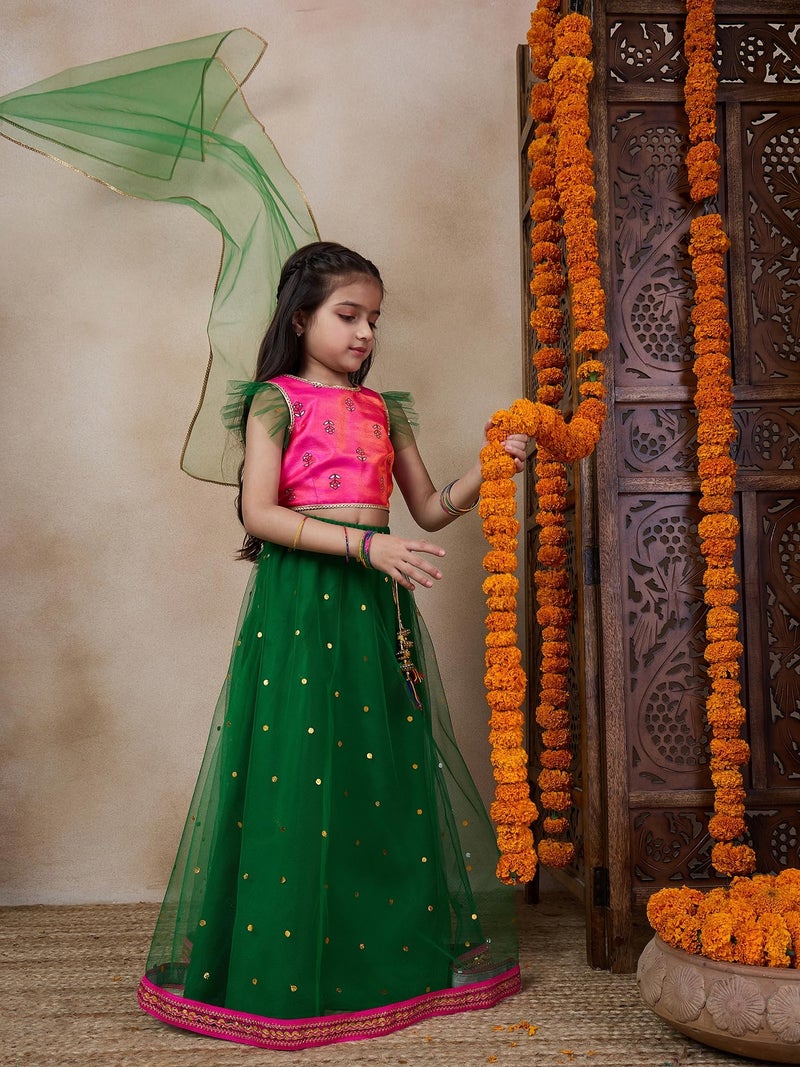 Pspeaches Girls Net Readymade Lehenga Choli with Dupatta (L-GREENTIKLI-7- Green_7-8Y) - Image 2