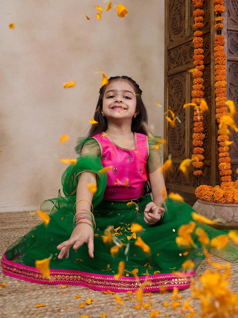 Pspeaches Girls Net Readymade Lehenga Choli with Dupatta (L-GREENTIKLI-7- Green_7-8Y) - Image 3