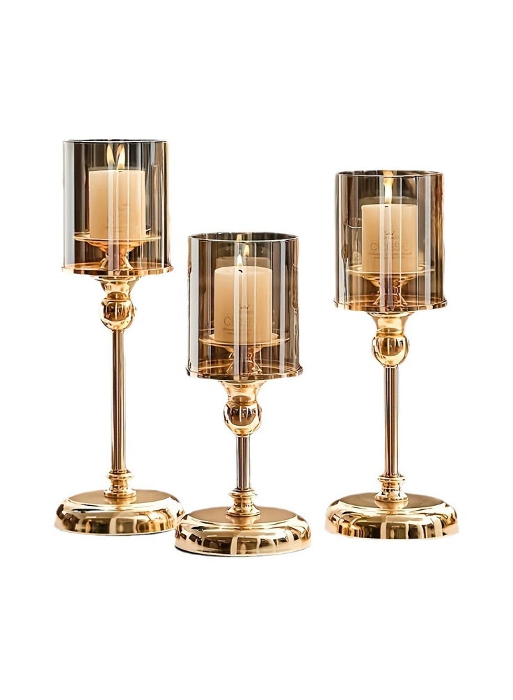 طقم شمعدانات ذهبية من 3 قطع (26/31/36 سم) - شمعدانات أنيقة من المعدن والزجاج لتزيين موائد العشاء الرومانسية، وتزيين حفلات أعياد الميلاد، وديكورات حفلات الزفاف، وعرض شموع العلاج العطري (ذهبي) - Image 3