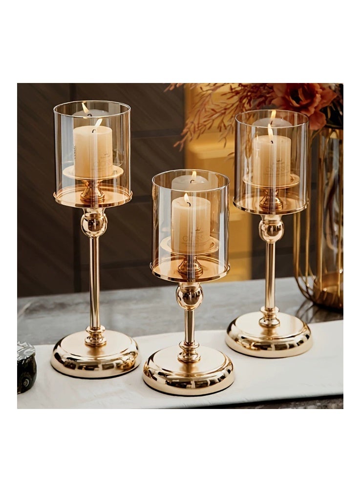 طقم شمعدانات ذهبية من 3 قطع (26/31/36 سم) - شمعدانات أنيقة من المعدن والزجاج لتزيين موائد العشاء الرومانسية، وتزيين حفلات أعياد الميلاد، وديكورات حفلات الزفاف، وعرض شموع العلاج العطري (ذهبي) - Image 1