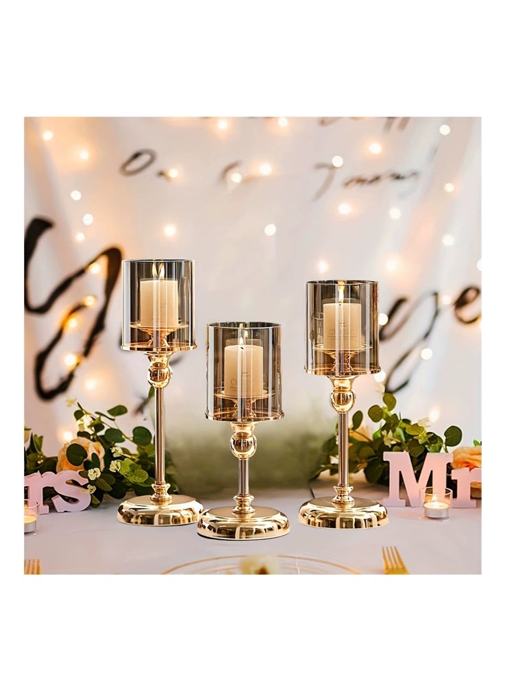 طقم شمعدانات ذهبية من 3 قطع (26/31/36 سم) - شمعدانات أنيقة من المعدن والزجاج لتزيين موائد العشاء الرومانسية، وتزيين حفلات أعياد الميلاد، وديكورات حفلات الزفاف، وعرض شموع العلاج العطري (ذهبي) - Image 2