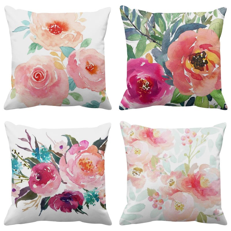 Emvency Set of 4 Throw Pillow Covers Peonies Summer Watercolor Floral Pink Flower Girly Pastel Mint Colorful Decorative Pillow Cases Home Decor Square 18x18 Inches Pillowcases