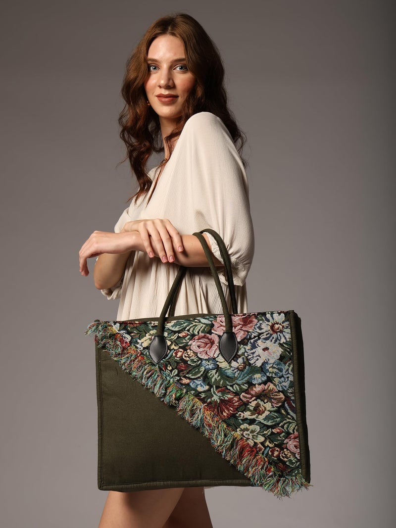 ENSAC Cotton Tote Bag for Women, Stylish Handbag for women with Zip Closure | Fit for Office Bag, College, Travel Use | Handcrafted in India(tote-silverbeauty-big-01) (Green) - Image 5