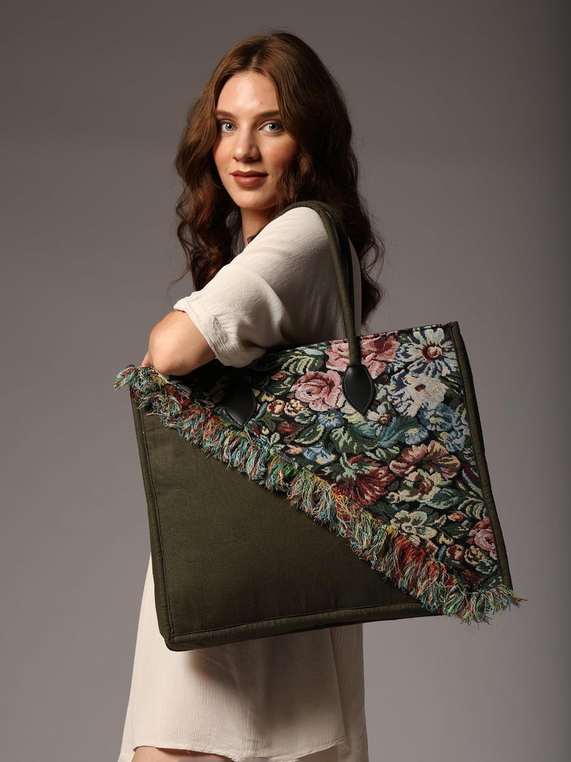 ENSAC Cotton Tote Bag for Women, Stylish Handbag for women with Zip Closure | Fit for Office Bag, College, Travel Use | Handcrafted in India(tote-silverbeauty-big-01) (Green) - Image 4