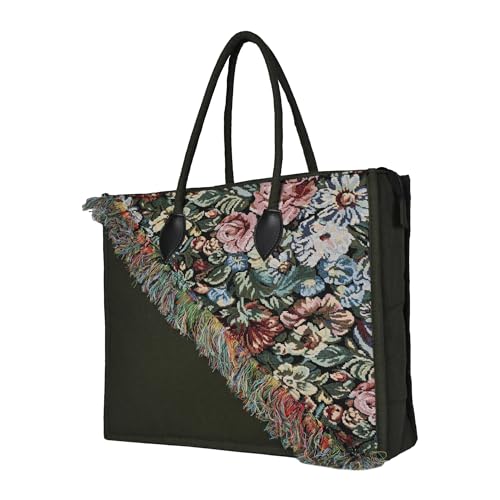 ENSAC Cotton Tote Bag for Women, Stylish Handbag for women with Zip Closure | Fit for Office Bag, College, Travel Use | Handcrafted in India(tote-silverbeauty-big-01) (Green) - Image 1