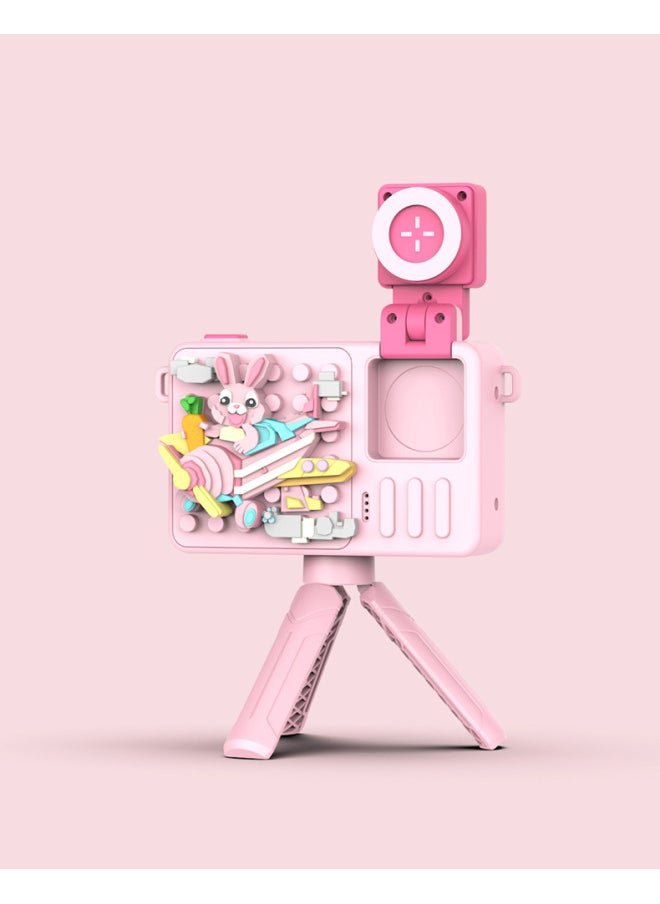 Generic H9 Children's Camera Step Into High-definition Dual-camera Digital Camera Creative Building Blocks Puzzle Toy Camera-Body Color:Pink Bunny  - Image 1