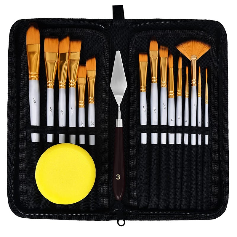 SCHUBERT Artist Paint Brush Set with Zipper Carry Case Black for Acrylic Oil Watercolor and Gouache Painting 15 Pcs1 x Knife1 x Sponge - Image 1