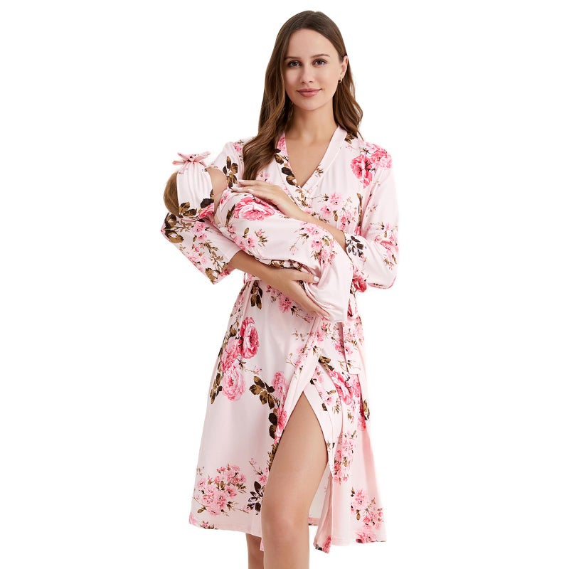 Galabloomer Flower Maternity Robe and Baby Receiving Blanket Matching Mommy Labor Delivery Robe and Swaddle Set