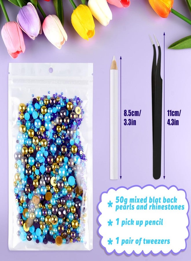 أستارون 50 غرام مزيج من أحجار الراين المسطحة ونصف اللؤلؤ للأعمال اليدوية أحجام متنوعة من 3 مم إلى 10 مم أحجار الراين المسطحة للأعمال اليدوية لآلئ مسطحة لتزيين الأكواب والأباريق وفن الأظافر والأحذية (سلسلة الأزرق والذهبي) - Image 2