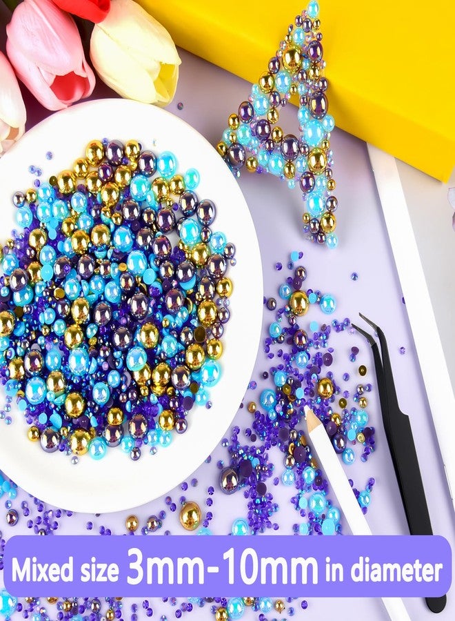 أستارون 50 غرام مزيج من أحجار الراين المسطحة ونصف اللؤلؤ للأعمال اليدوية أحجام متنوعة من 3 مم إلى 10 مم أحجار الراين المسطحة للأعمال اليدوية لآلئ مسطحة لتزيين الأكواب والأباريق وفن الأظافر والأحذية (سلسلة الأزرق والذهبي) - Image 3