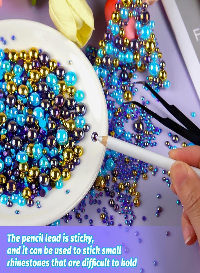 أستارون 50 غرام مزيج من أحجار الراين المسطحة ونصف اللؤلؤ للأعمال اليدوية أحجام متنوعة من 3 مم إلى 10 مم أحجار الراين المسطحة للأعمال اليدوية لآلئ مسطحة لتزيين الأكواب والأباريق وفن الأظافر والأحذية (سلسلة الأزرق والذهبي) - Image 5