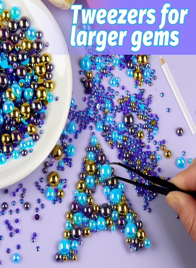 أستارون 50 غرام مزيج من أحجار الراين المسطحة ونصف اللؤلؤ للأعمال اليدوية أحجام متنوعة من 3 مم إلى 10 مم أحجار الراين المسطحة للأعمال اليدوية لآلئ مسطحة لتزيين الأكواب والأباريق وفن الأظافر والأحذية (سلسلة الأزرق والذهبي) - Image 4