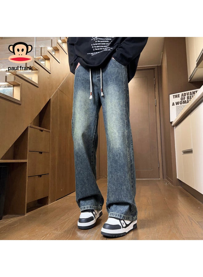 Paul Frank Men's Fleece-lined Denim Jeans Autumn Winter New Loose Fit Slight Flare High Street Retro Pants Vintage Blue Regular 3XL - Image 1