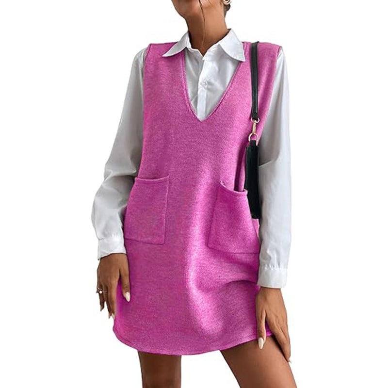 Vest skirt wool mid-length double-sided vest skirt autumn and winter new Korean solid color sleeveless all-match dress rose red