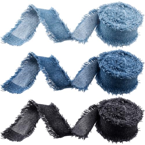 Winsyison 3 Rolls 2 Yards Fringes Fabric Denim Ribbon Rustic Frayed Fringes Ribbons Trim Trim Embellishments for Wrapping Sewing Weddding Decor Light Blue Blue Black - Image 1
