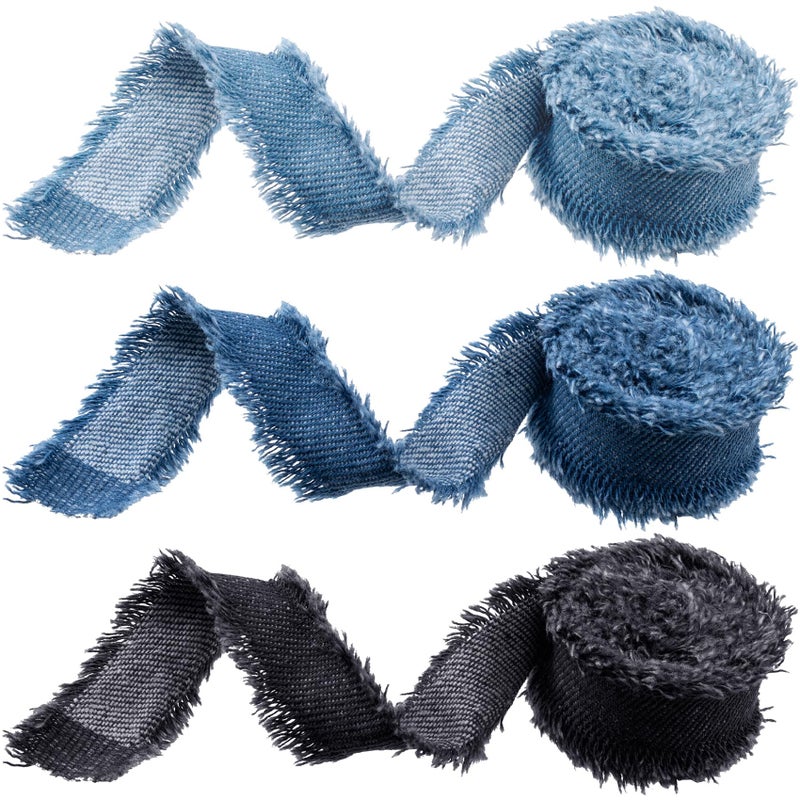 Winsyison 3 Rolls 2 Yards Fringes Fabric Denim Ribbon Rustic Frayed Fringes Ribbons Trim Trim Embellishments for Wrapping Sewing Weddding Decor Light Blue Blue Black - Image 3