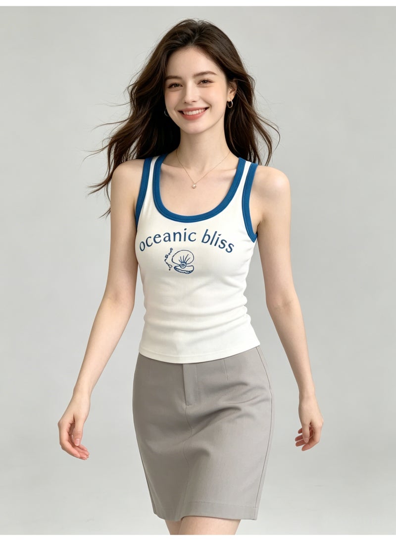زارا ZARA Women’s Contrast Blue Trim Ribbed Tank Top with Oceanic Bliss Shell Print - Image 3