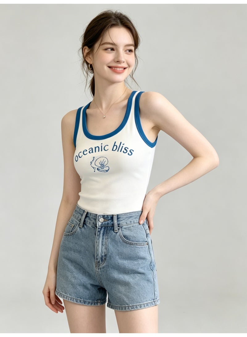 زارا ZARA Women’s Contrast Blue Trim Ribbed Tank Top with Oceanic Bliss Shell Print - Image 1