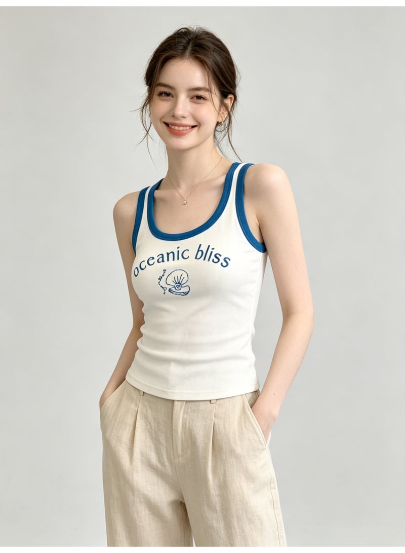 زارا ZARA Women’s Contrast Blue Trim Ribbed Tank Top with Oceanic Bliss Shell Print - Image 4
