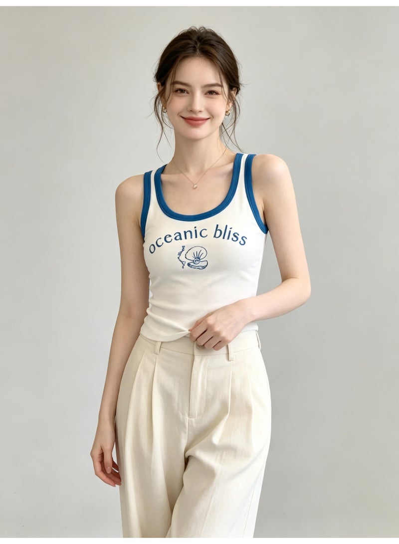 زارا ZARA Women’s Contrast Blue Trim Ribbed Tank Top with Oceanic Bliss Shell Print - Image 2
