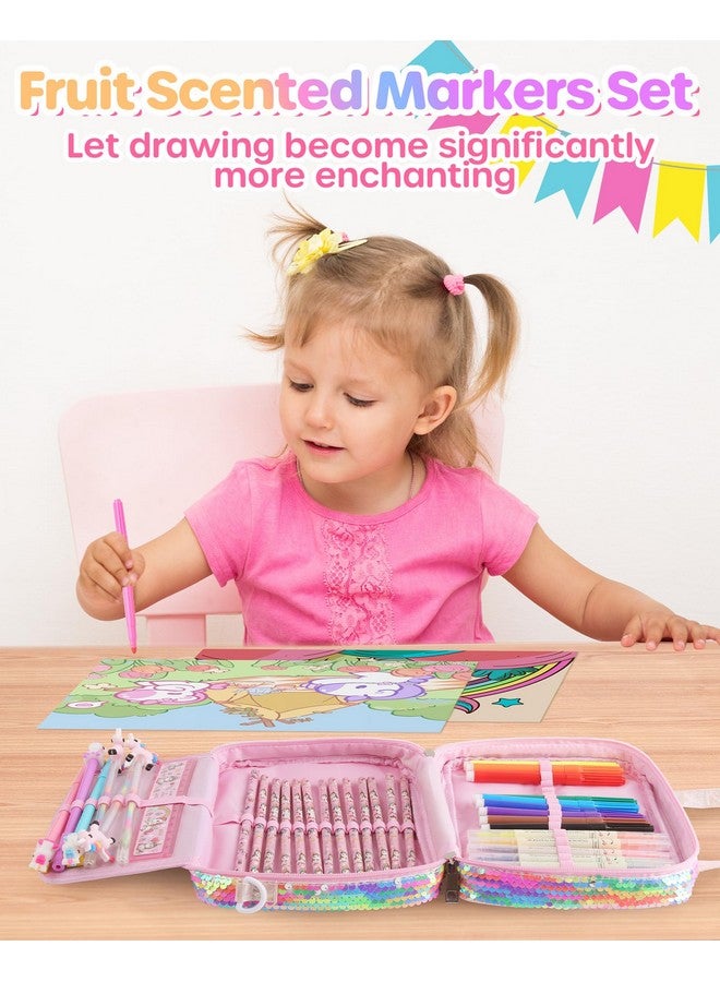 D-FantiX Unicorn Art Supplies Convertible Bag for Girls, 63Pcs Coloring Drawing Set for Kids with Fruit Scented Markers, Portable Travel Activity Kit, Birthday Gift for 4 5 6 7 8-12 Year Old Girls - Image 4