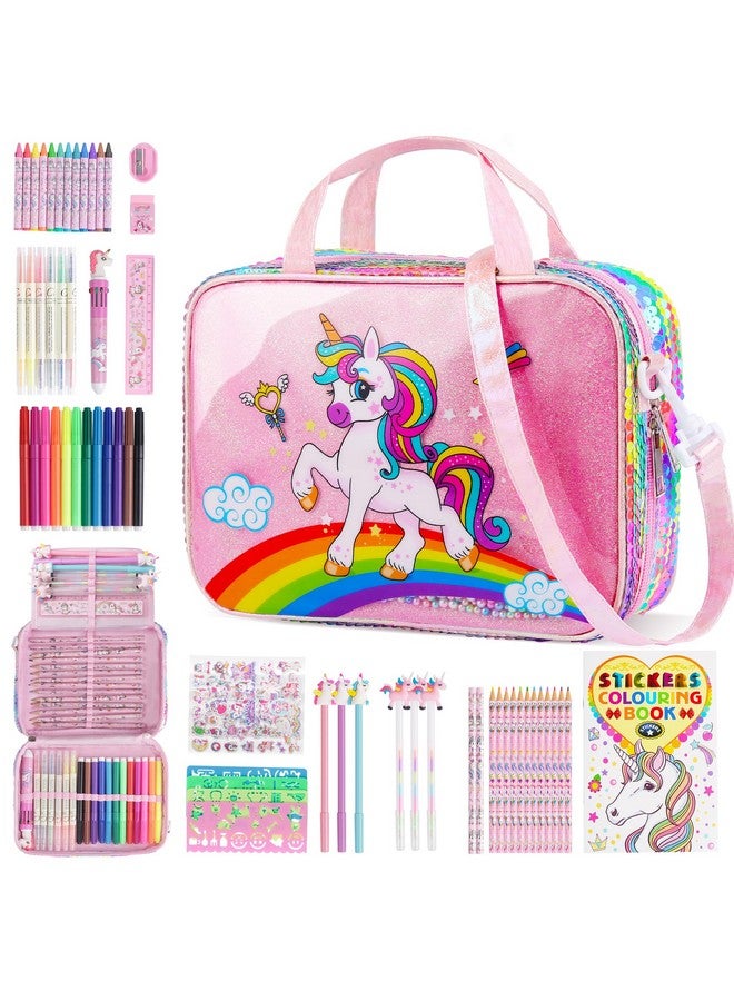 D-FantiX Unicorn Art Supplies Convertible Bag for Girls, 63Pcs Coloring Drawing Set for Kids with Fruit Scented Markers, Portable Travel Activity Kit, Birthday Gift for 4 5 6 7 8-12 Year Old Girls - Image 1