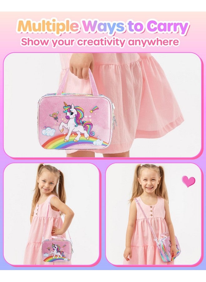 D-FantiX Unicorn Art Supplies Convertible Bag for Girls, 63Pcs Coloring Drawing Set for Kids with Fruit Scented Markers, Portable Travel Activity Kit, Birthday Gift for 4 5 6 7 8-12 Year Old Girls - Image 3