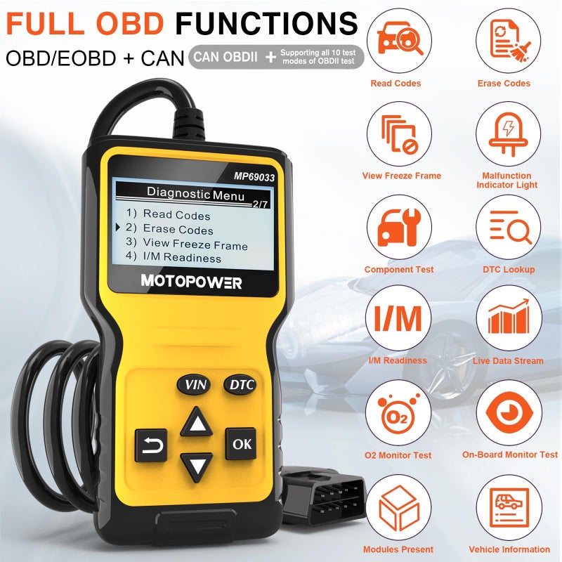 MOTOPOWER MP69033 Car OBD2 Scanner Code Reader Engine Fault Scanner CAN Diagnostic Scan Tool for All OBD II Protocol Cars Since 1996, Yellow - Image 2